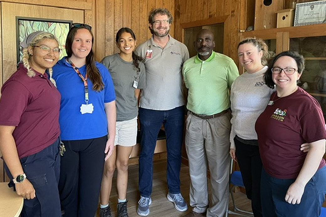 Pictured, from left: Reptile Zookeeper Juno Hailey, Education Organizer  Jessica Deavult, Intern (name unknown), Professors Lauster and Matute, head  veterinarian Dr. Sara Stoneburg, and conservation biologist Dr. Laure Bernstein-Kurtycz.